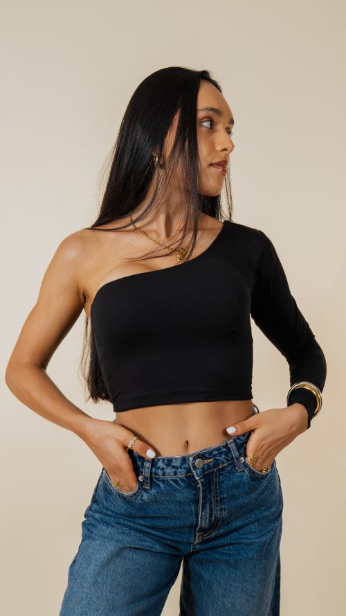 CROP TOP 1 HOMBRO MANGA LARGA - CELESTE PASTEL